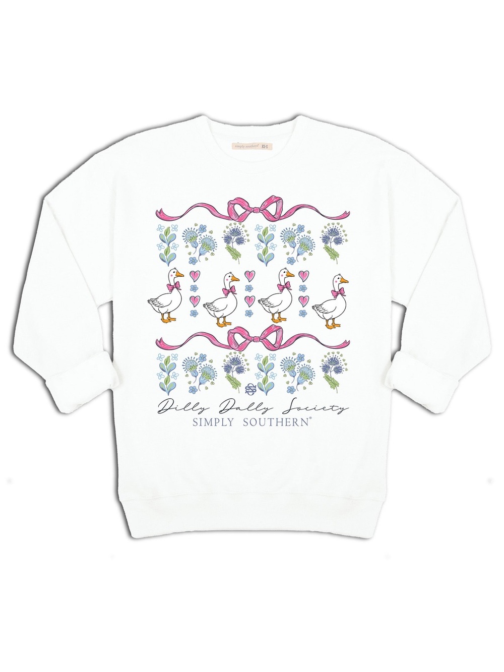 Simply Southern White Youth Goose & Floral Pullover with Pink Bows